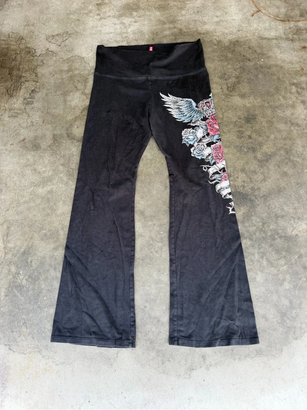 Y2K Rock & Rose Crown Graphic Rhinestone Print Fold-Over Flare Pants Woman’s M